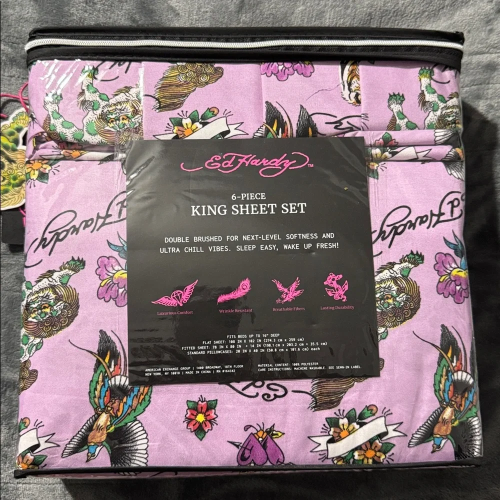 Ed Hardy Purple/Lilac King Sheet Set, Birds,Tigers,Flowers Tattoo Illustrations - Picture 2 of 10